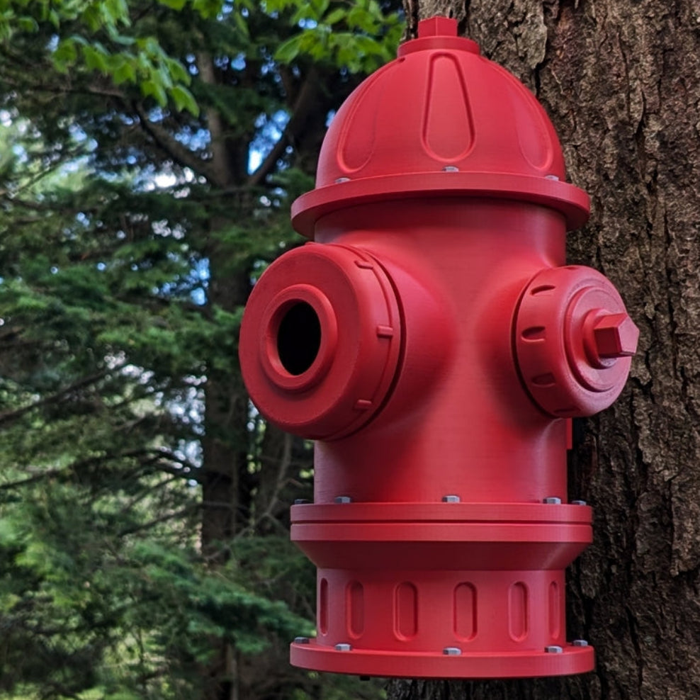 Red fire hydrantred fire hydrant. Birdhouse mounted to a tree