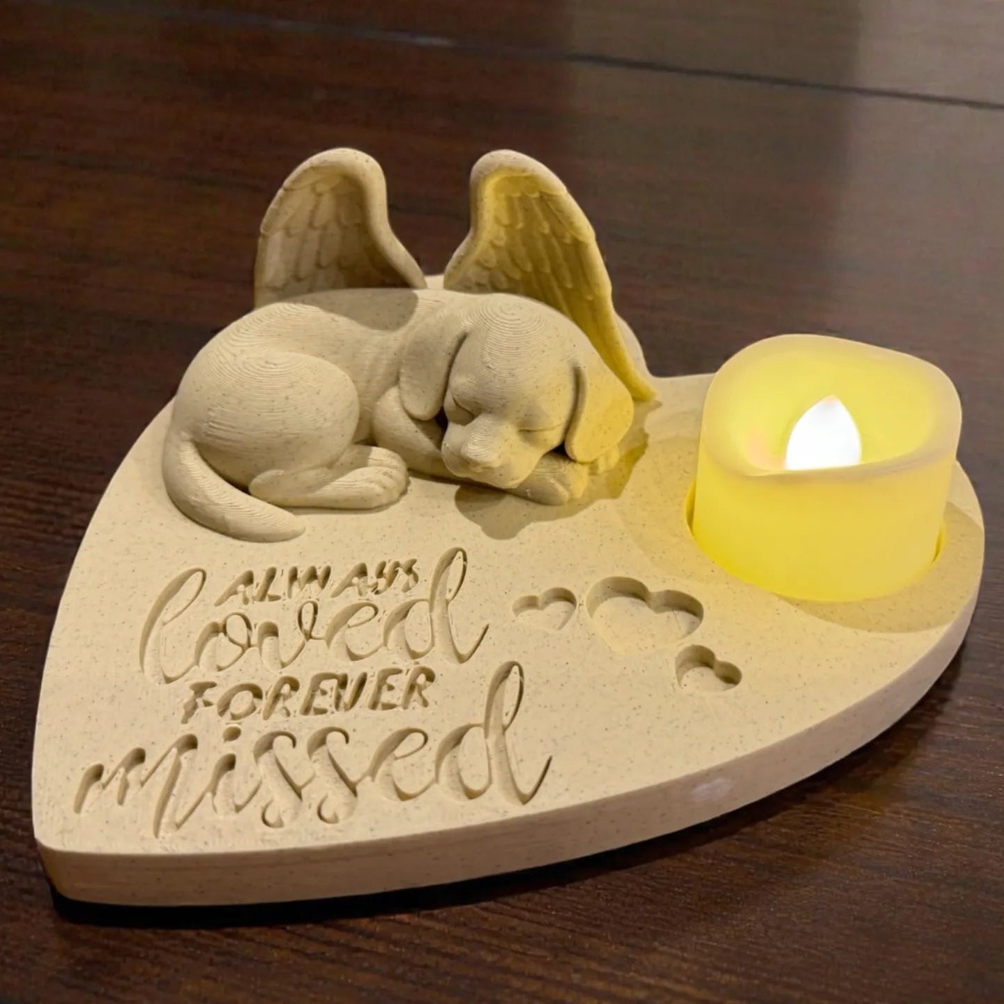 Memorial ornament featuring a Beagle with Angel wings and a candle on a wooden base, featuring the text 'Always loved forever missed'.