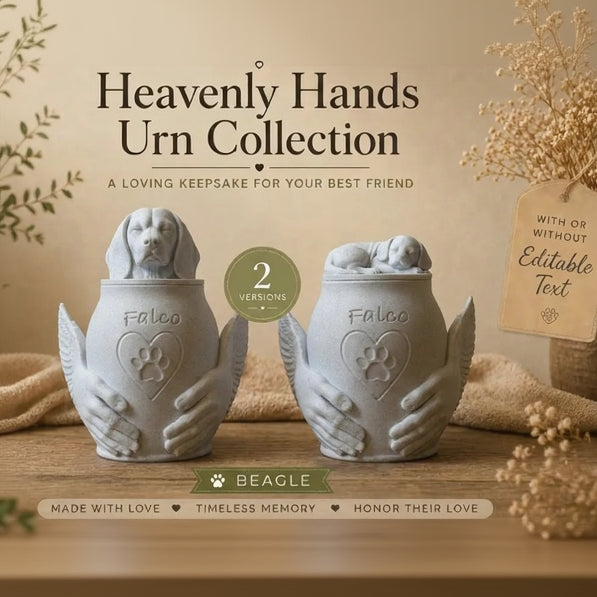 Two white urns shaped like beagles with 'Heavenly Hands Urn Collection' text on a wooden surface.