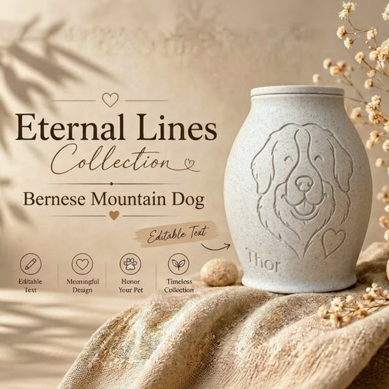 Urn with Bernese Mountain Dog design in the 'Eternal Lines Collection' on a textured surface with dried plants.