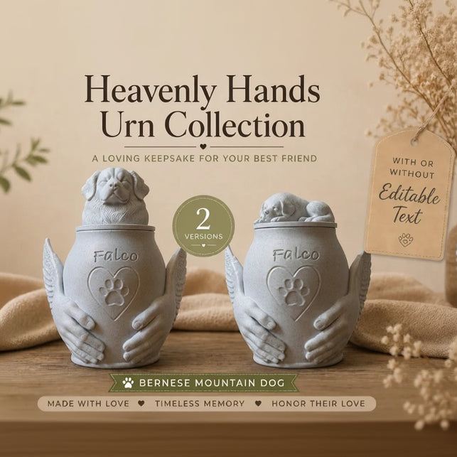 Two Bernese Mountain Dog urns with 'Heavenly Hands Urn Collection' text on a beige background.