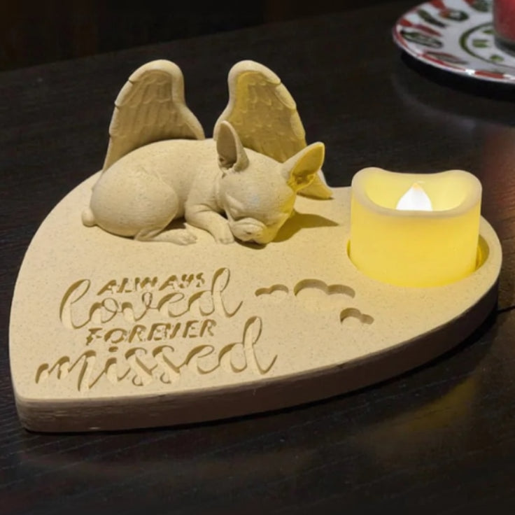 Memorial plaque featuring a Boston Terrier with Angel wings and 'Always Loved, Forever Missed' text on a wooden base.
