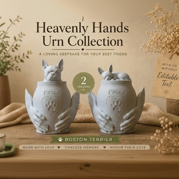 Two white urns shaped like hands holding Boston Terriers with 'Heavenly Hands Urn Collection' text on a beige background.