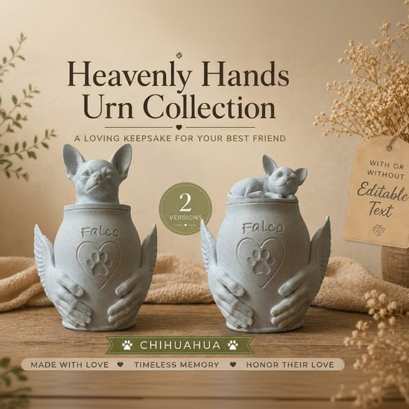 Two urns with chihuahua design and 'Heavenly Hands Urn Collection' text on a wooden surface.