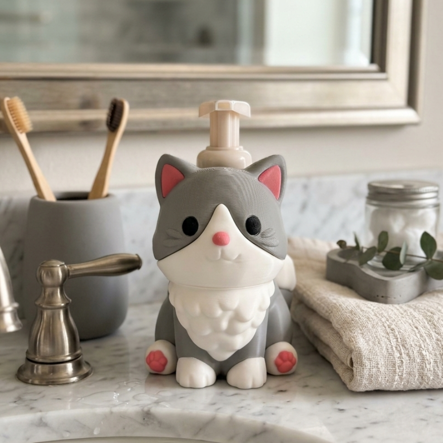 Cute gray cat-shaped soap dispenser on a bathroom counter with toothbrushes and a mirror in the background.