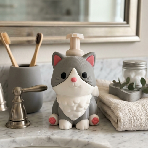 Cute gray cat-shaped soap dispenser on a bathroom counter with toothbrushes and a mirror in the background.