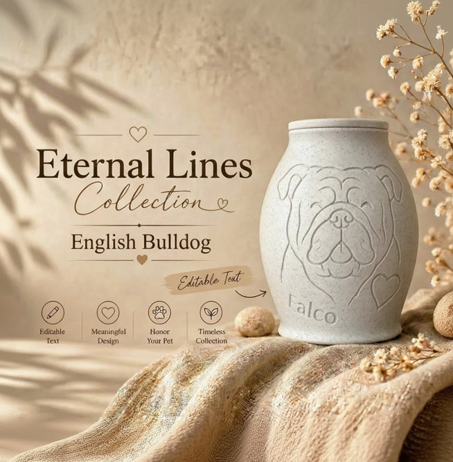 Urn with English Bulldog design in 'Eternal Lines Collection' on a textured surface with dried flowers.