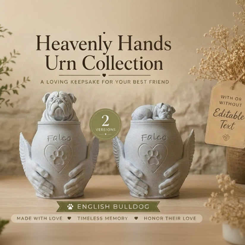 Two urns with English Bulldog design and 'Heavenly Hands Urn Collection' text on a neutral background.