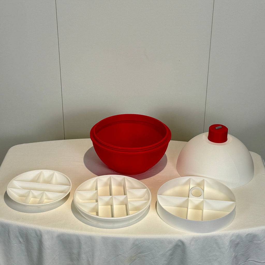 Fishing bobber cooler with Top off and all trays on Display
