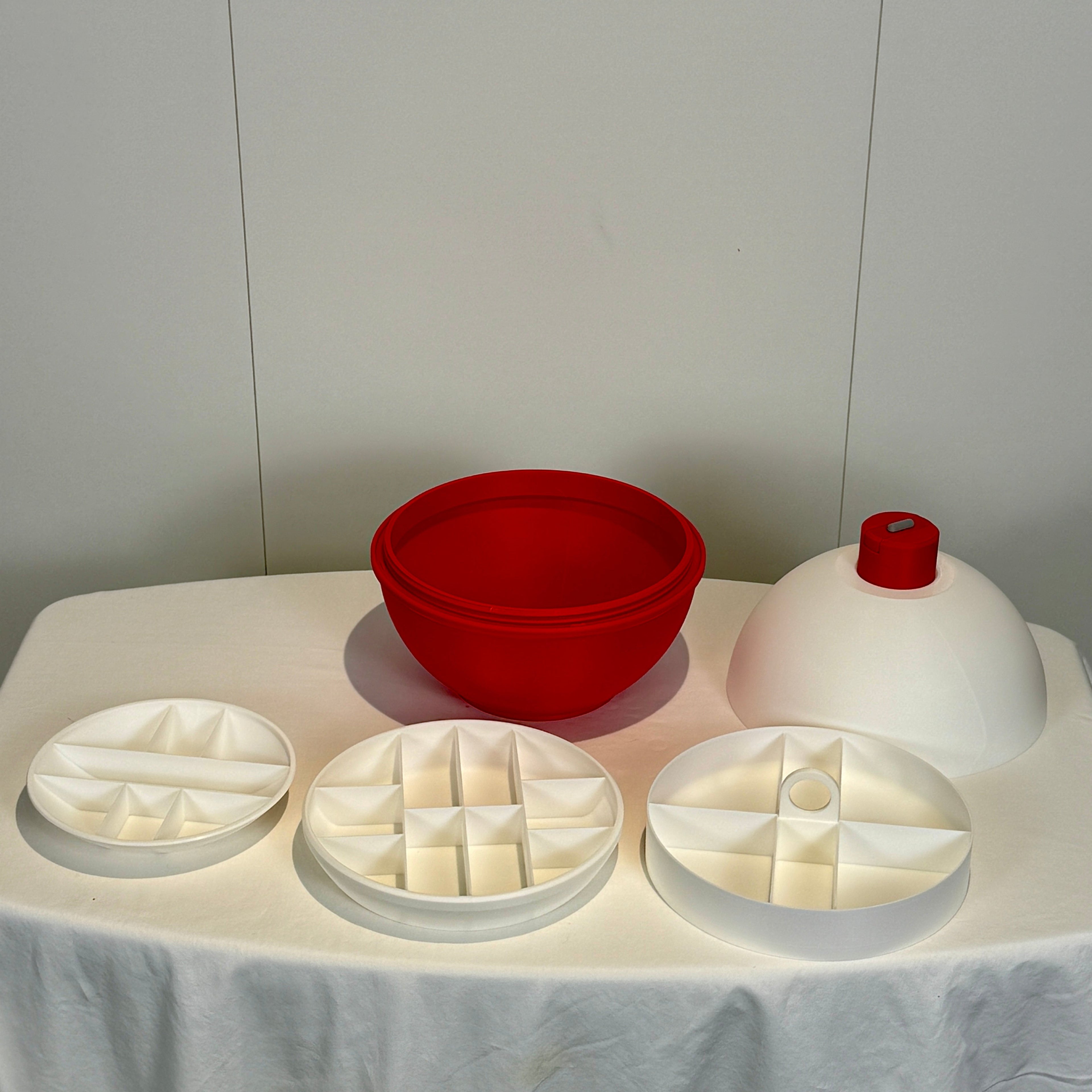 Fishing bobber cooler with Top off and all trays on Display
