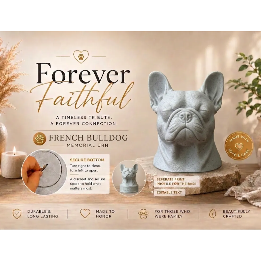 French Bulldog memorial urn with decorative elements on a wooden surface.