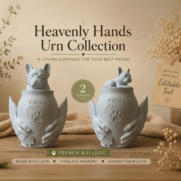 Two white urns shaped like hands holding a French Bulldog, with text about the 'Heavenly Hands Urn Collection'.