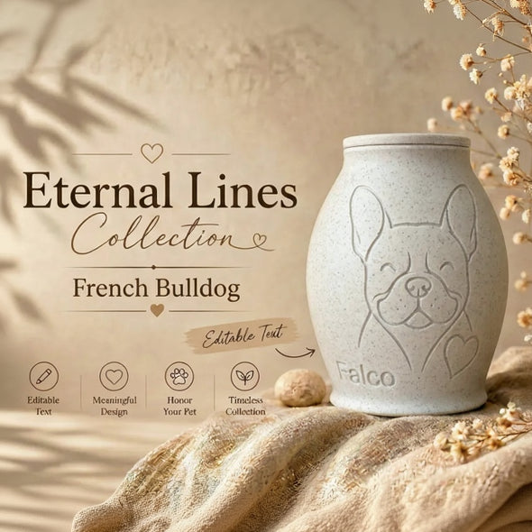 Urn with French Bulldog design in 'Eternal Lines Collection' on a neutral background