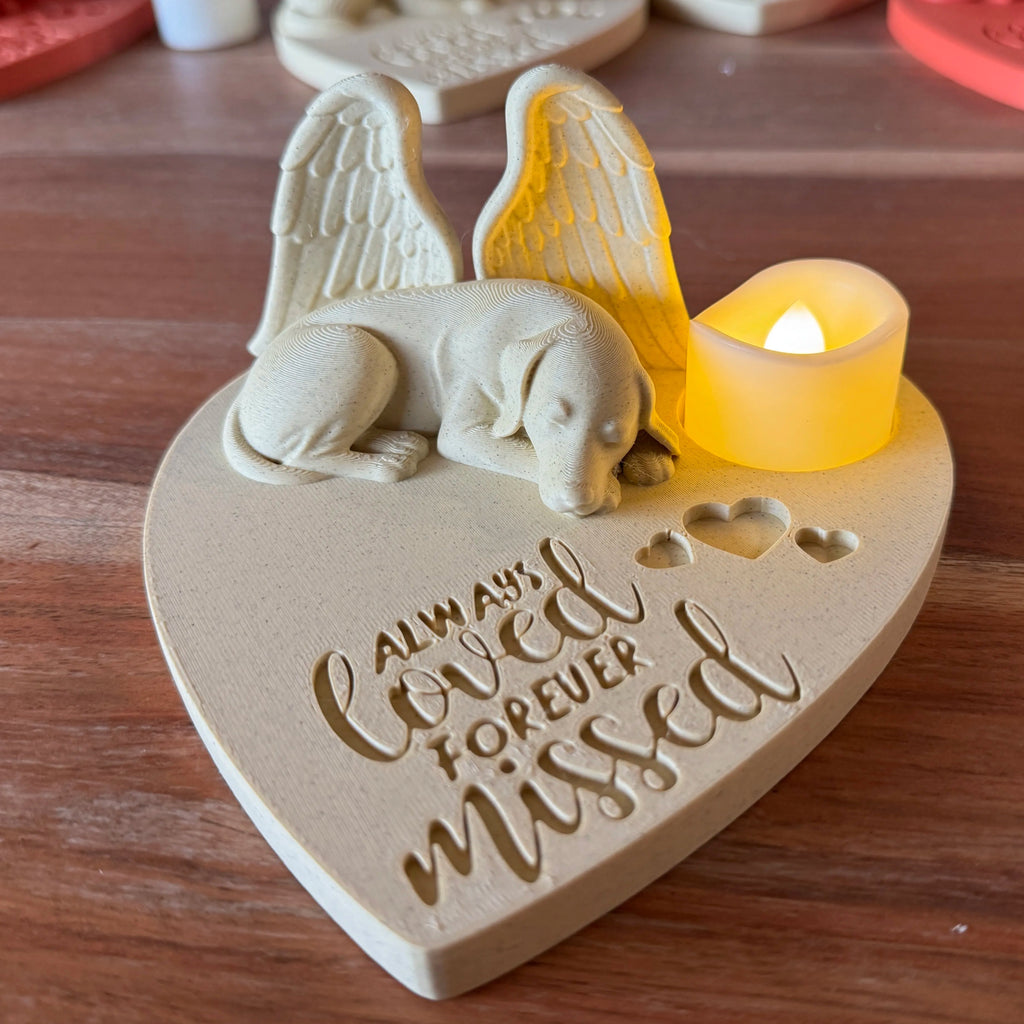 Heart-shaped memorial of a German pointer with Angel wings  and 'Always Loved Forever Missed' text on a wooden surface.