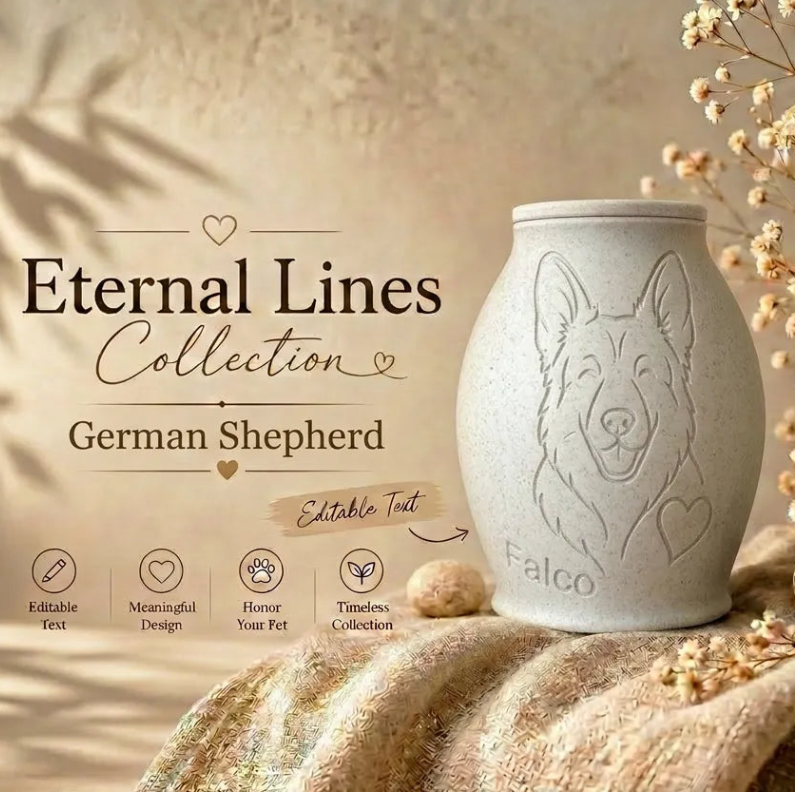Urn design in 'Eternal Lines Collection' on a textured surface with dried flowers.