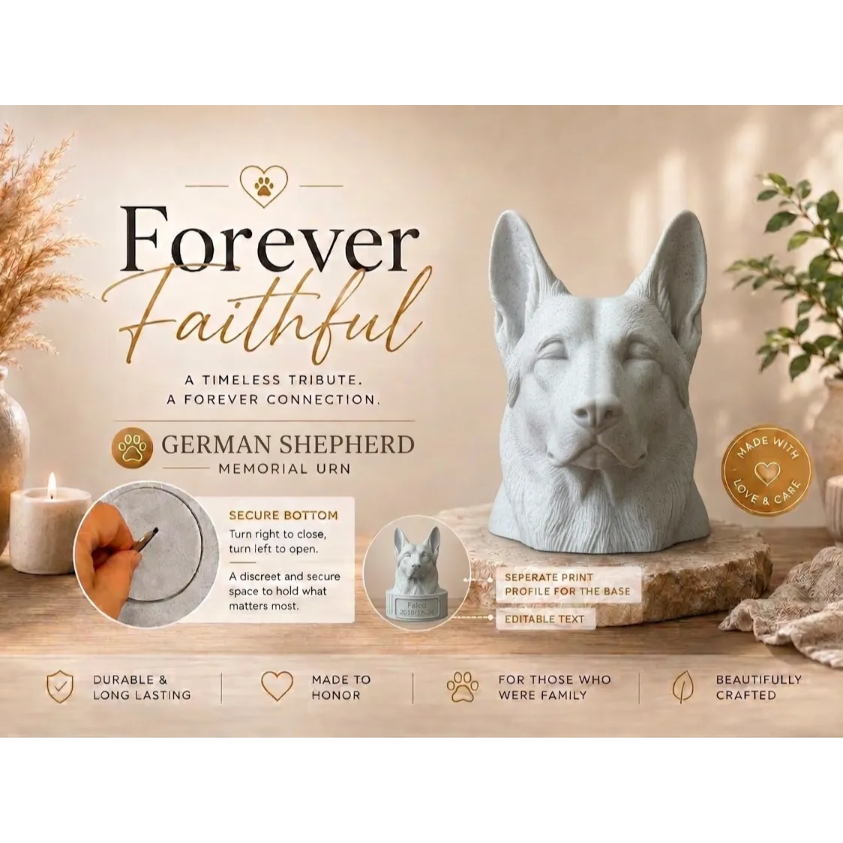 German Shepherd memorial urn with 'Forever Faithful' text and product details on a wooden surface.