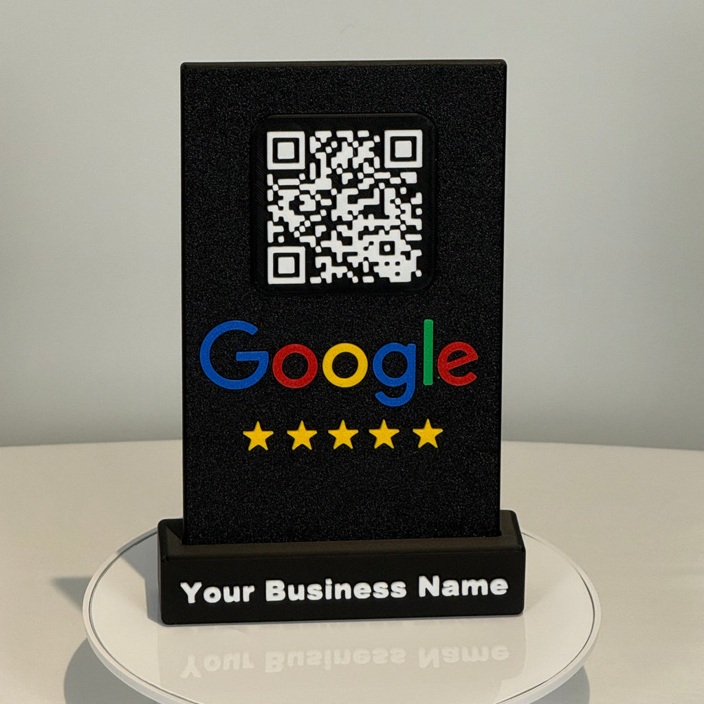 Digital display with QR code and Google logo on a white background