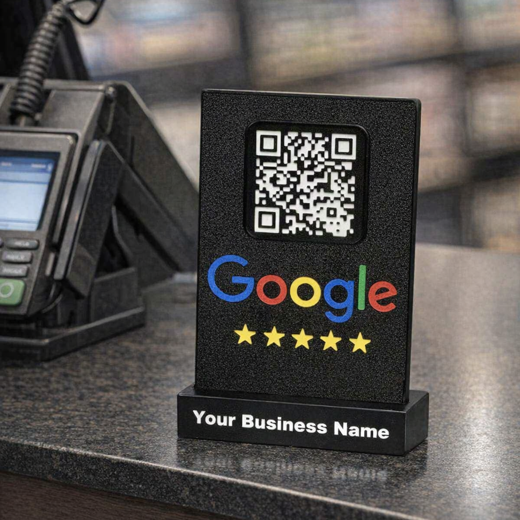 Google rating display with QR code on a counter