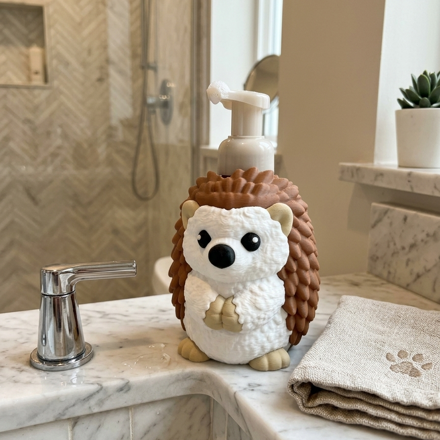 hedgehog shaped soap bottle holder sitting at the corner of a bathroom sink.