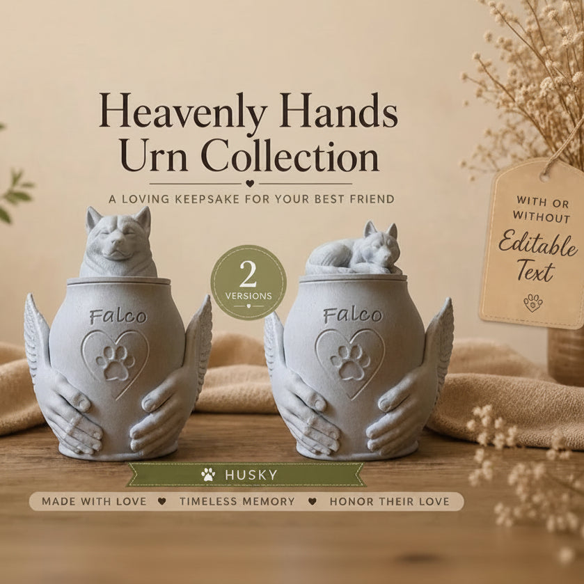 Two ceramic urns with husky design on a wooden surface, labeled 'Heavenly Hands Urn Collection'.