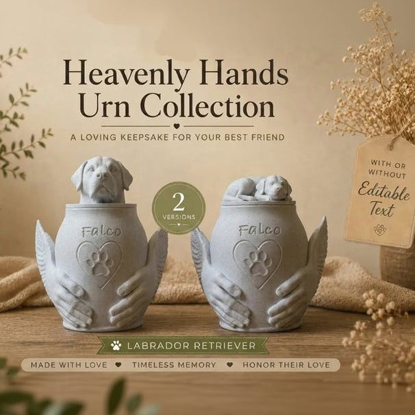 Two white urns shaped like hands holding a dog, labeled 'Heavenly Hands Urn Collection', on a wooden surface with a beige background.
