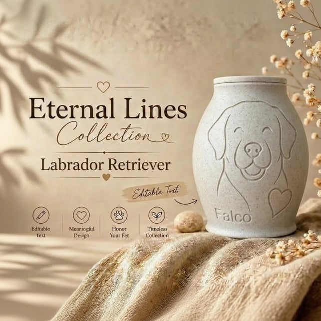 Urn with Labrador Retriever design and 'Eternal Lines Collection' text on a neutral background.