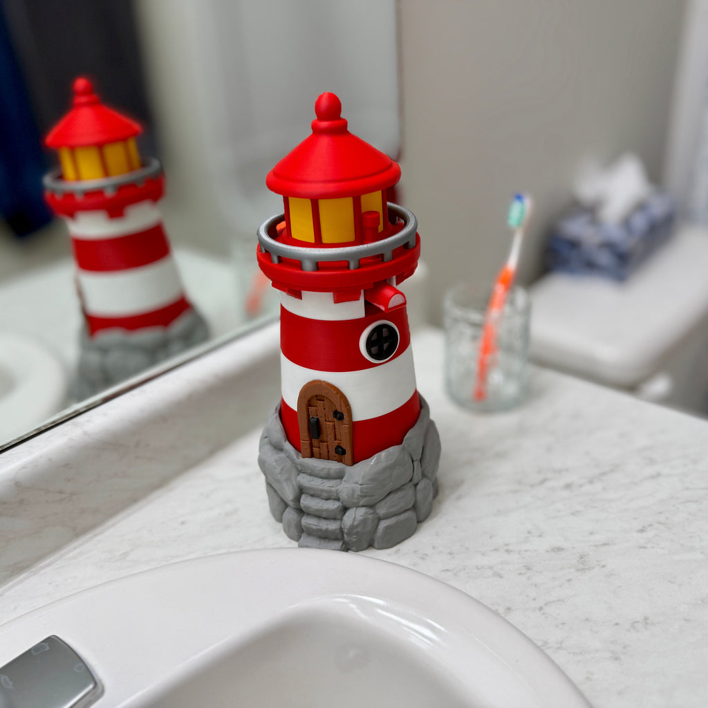 Lighthouse-shaped container on a bathroom counter with mirror reflection.