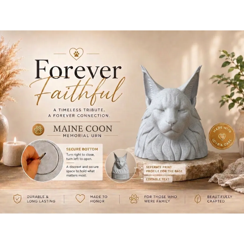 Cat memorial urn with 'Forever Faithful' text and product details on a wooden surface.