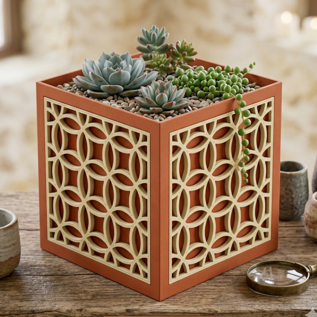 Decorative planter with succulents on a wooden surface