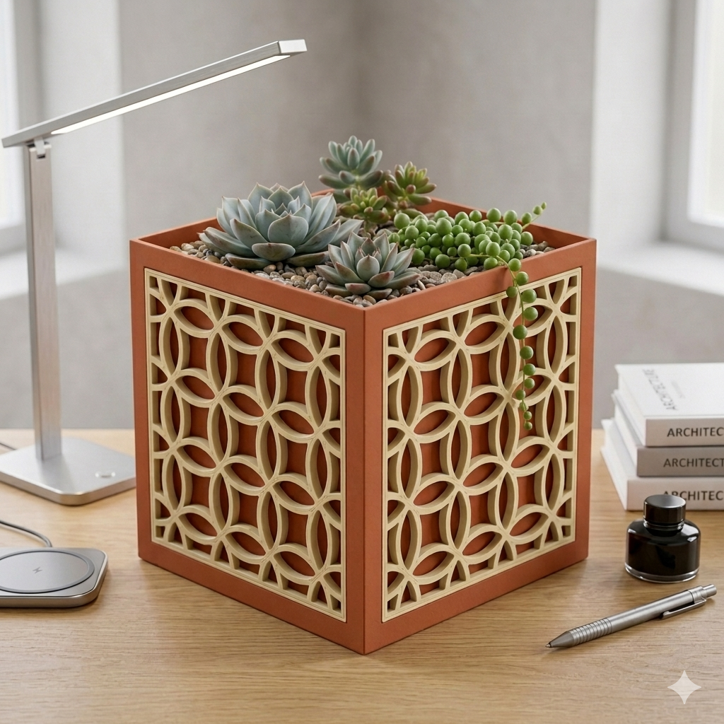 Decorative planter with succulents on a desk next to a lamp and pen