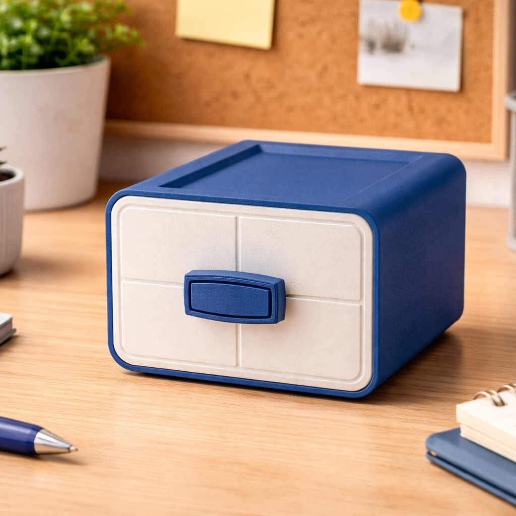 Blue and white storage box on a desk with office supplies
