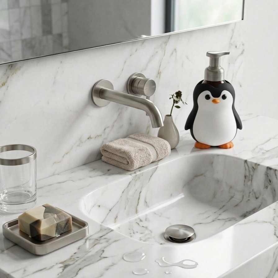 Penguin soap bottle holder sitting at the edge of a bathroom sink