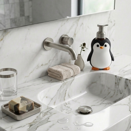 Penguin soap bottle holder sitting at the edge of a bathroom sink