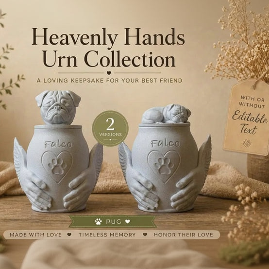 Two urns with pug design and 'Heavenly Hands Urn Collection' text on a wooden surface.