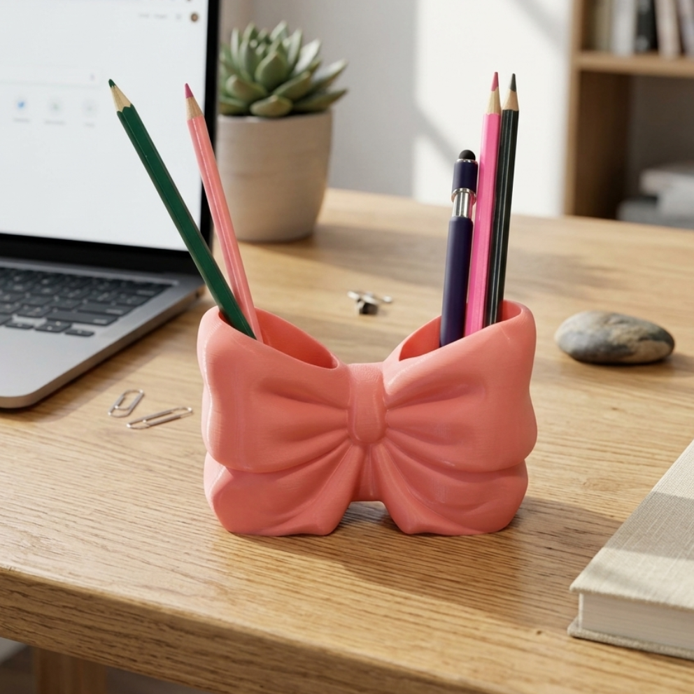 Pink bow-shaped pen holder on a desk with a laptop and books in the background