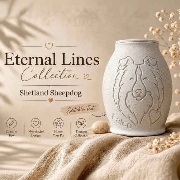 Urn with Shetland Sheepdog design in 'Eternal Lines Collection' on a neutral background.