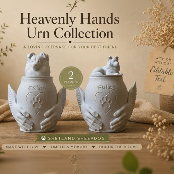Two Shetland Sheepdog urns with 'Heavenly Hands Urn Collection' text on a beige background.