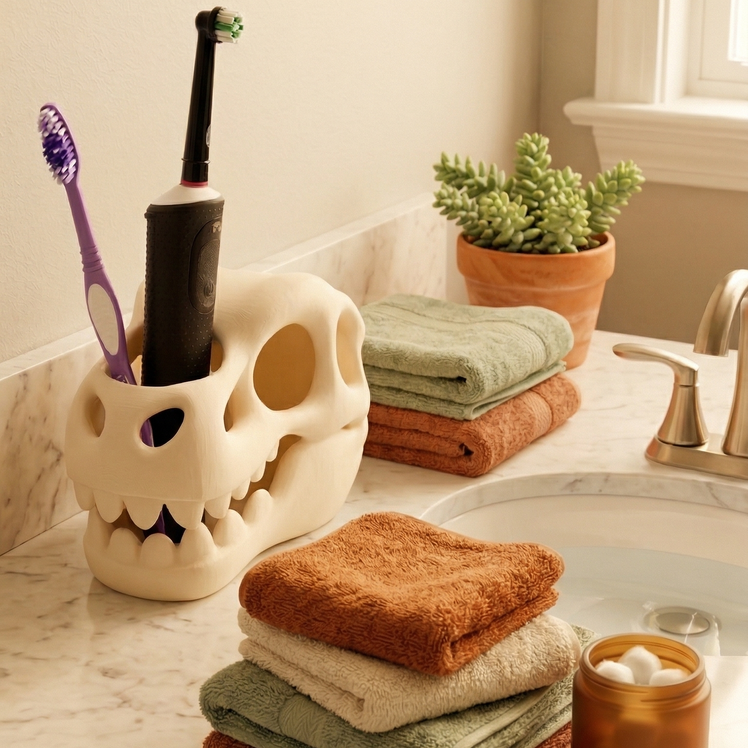 Bathroom counter with skull-shaped toothbrush holder, towels, and a potted plant.