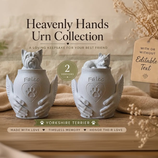 Two urns shaped like Yorkshire Terriers with 'Heavenly Hands Urn Collection' text on a neutral background.
