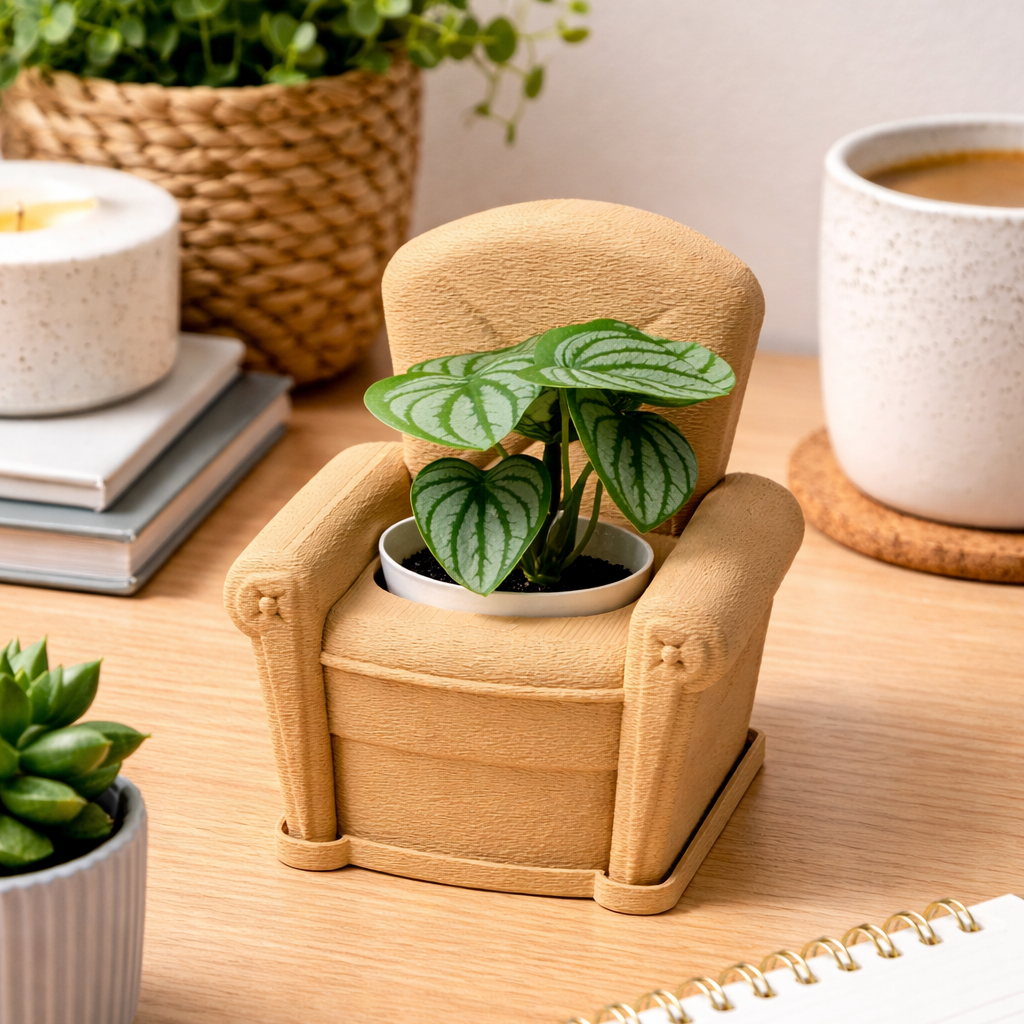 Small potted plant in a miniature wooden chair on a desk with office supplies.