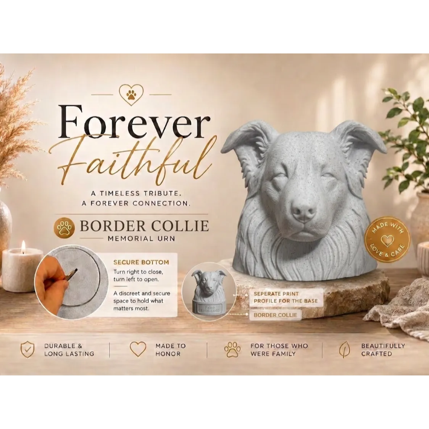 Memorial urn for a Border Collie with 'Forever Faithful' text and product details.