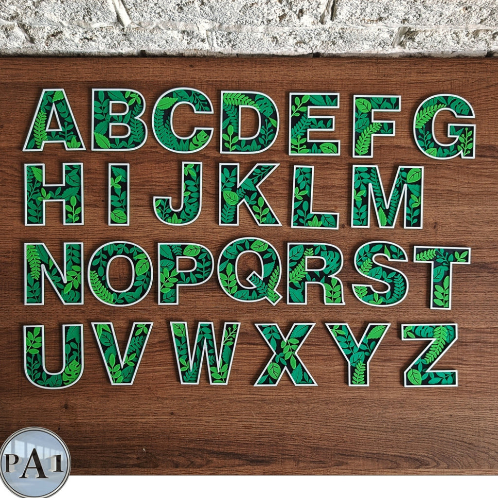 Alphabet letters on a wooden surface with a textured background