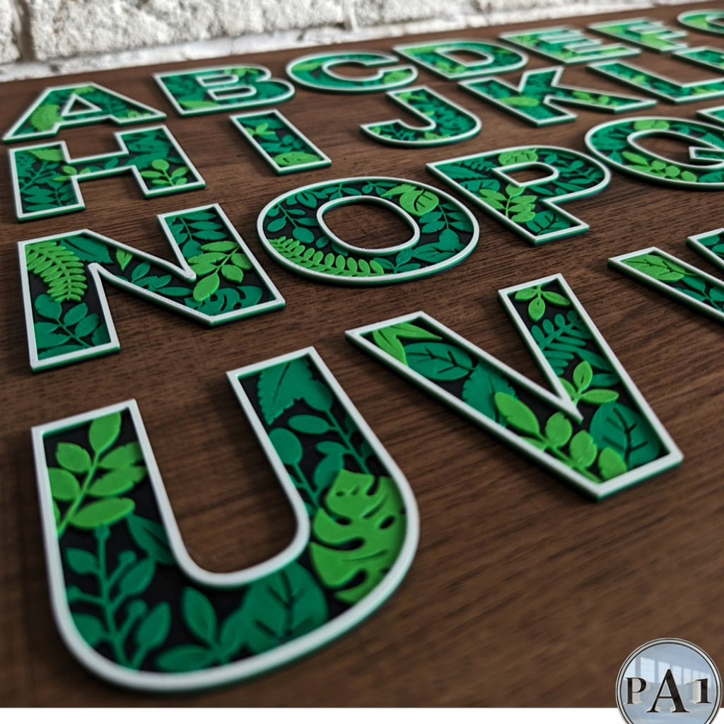 Alphabet letters with green leaf patterns on a wooden surface