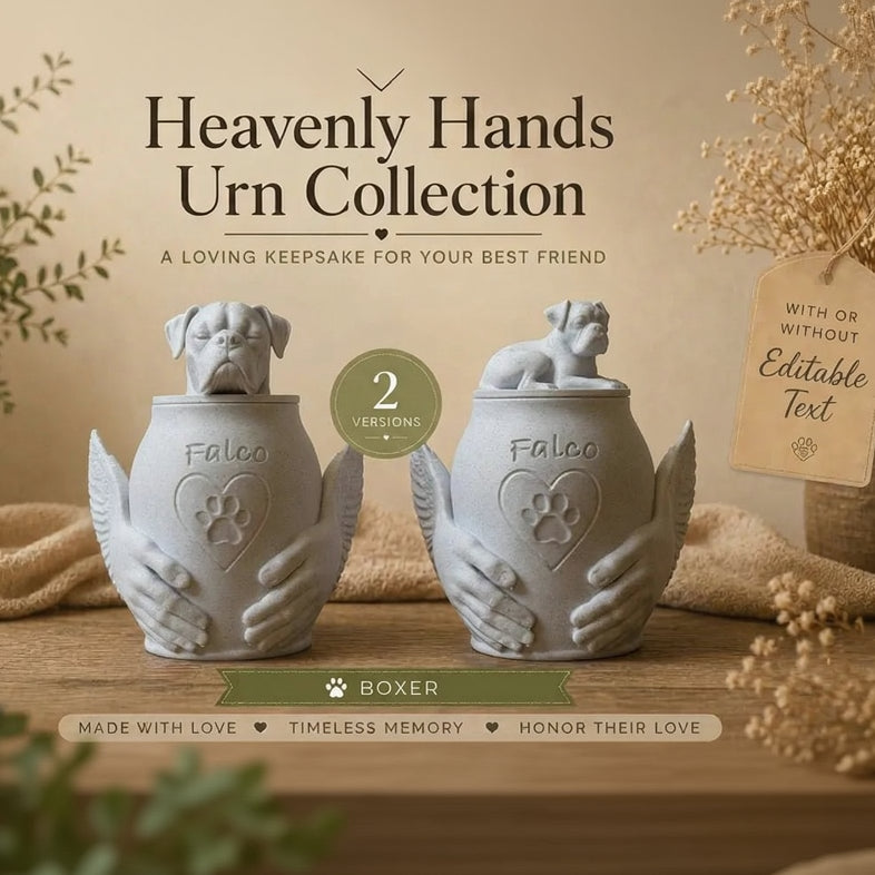 Two white urns with dog figurines on top, labeled 'Heavenly Hands Urn Collection', on a wooden surface.