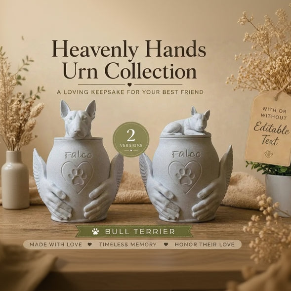 Two white urns with dog figurines on top, labeled 'Bull Terrier', against a neutral background with text about the 'Heavenly Hands Urn Collection'.