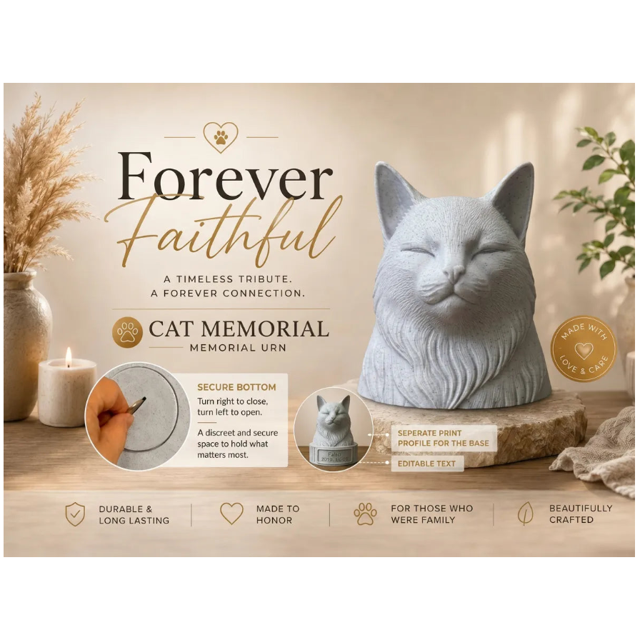 Cat memorial urn with 'Forever Faithful' text and product features on a wooden surface.