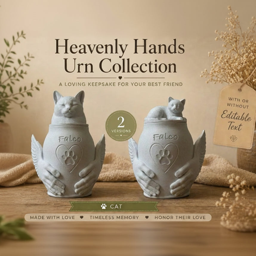 Two cat-shaped urns with 'Heavenly Hands' design on a wooden surface with decorative elements.