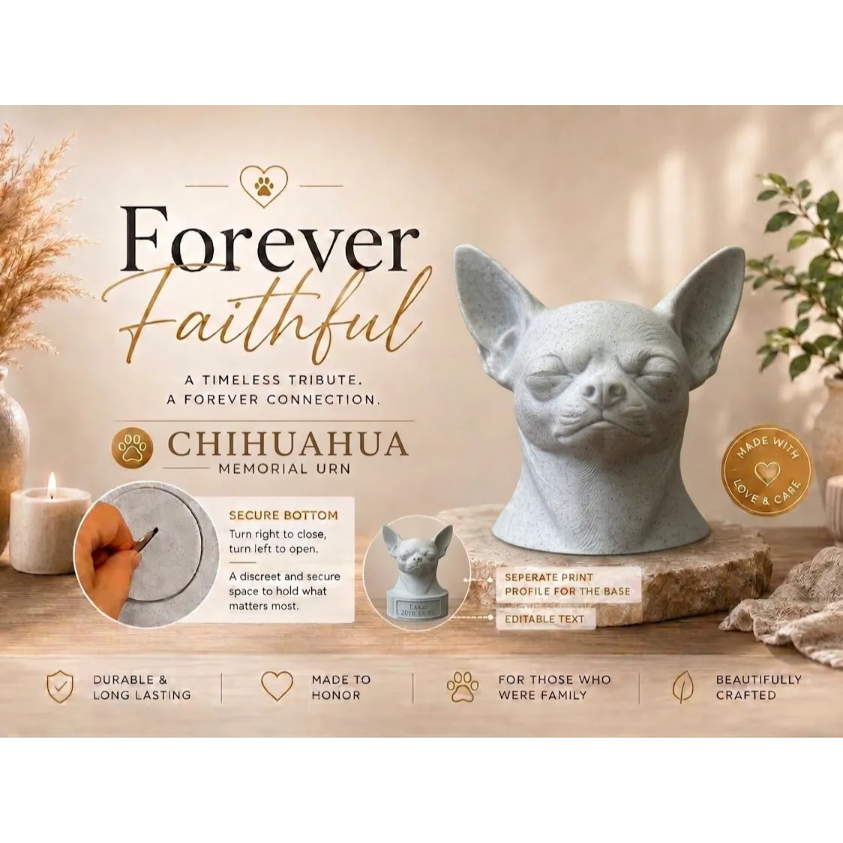 Memorial urn for a Chihuahua with decorative elements and text on a wooden surface.