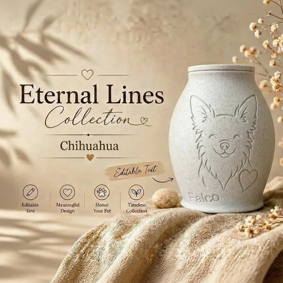 Urn with chihuahua design in 'Eternal Lines Collection' on a textured surface with dried flowers.