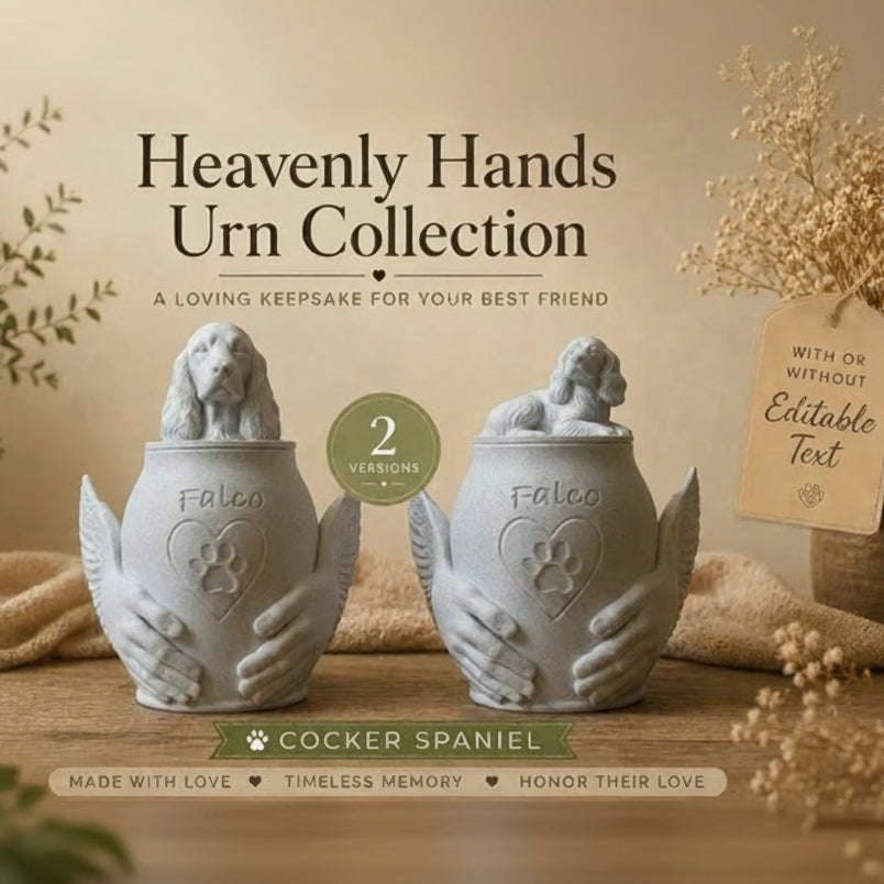 Two ceramic urns with dog figurines on top, labeled 'Heavenly Hands Urn Collection', on a wooden surface with decorative elements.